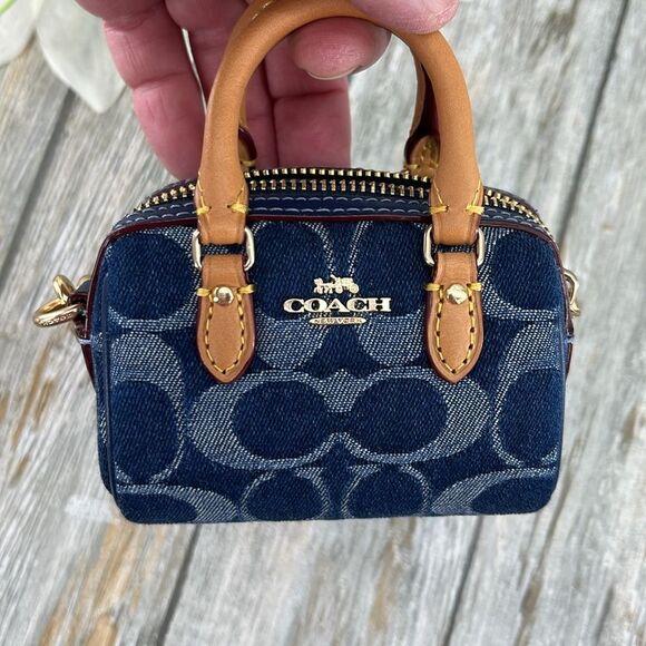 Coach Mini Rowan Bag Charm In Signature Denim With Cherry Charm Purse - Picture 6 of 10